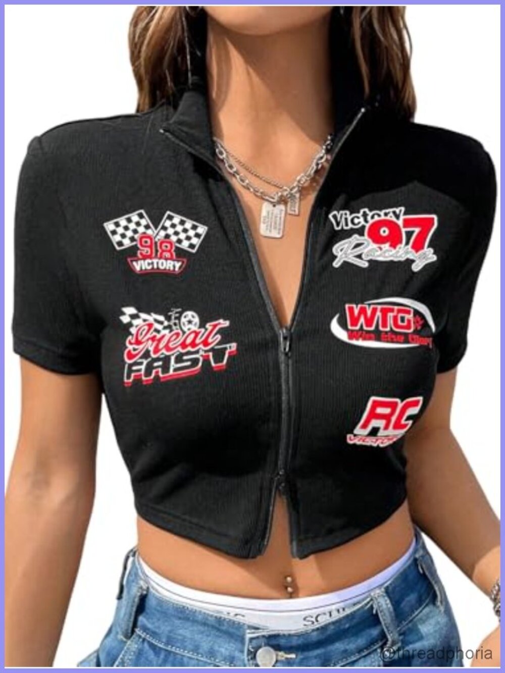 SweatyRocks Race Car Graphic Zip Up Crop Top Short Sleeve Tee